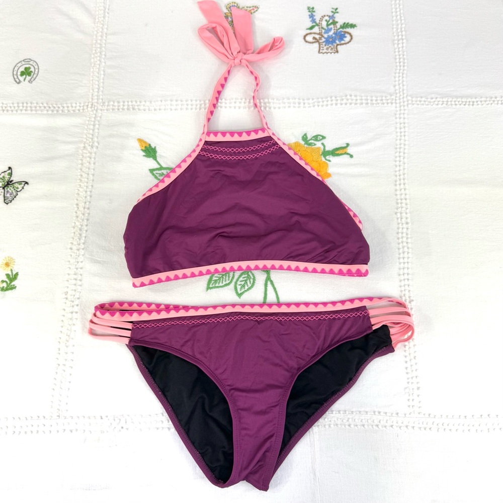 Gianni Bini Women’s Size Large Bikini Top and Bottoms Set Burgundy and Pink